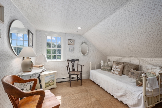 73 Division St, West Harwich, MA 02671 - bedroom featuring wallpapered walls, vaulted ceiling, carpet floors, and a baseboard heating unit