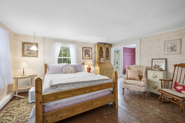 73 Division St, West Harwich, MA 02671 - bedroom featuring wallpapered walls, wood-type flooring, ornamental molding, and baseboard heating