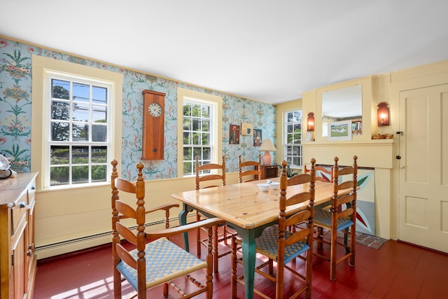 73 Division St, West Harwich, MA 02671 - dining room featuring wallpapered walls, wood finished floors, and a baseboard radiator