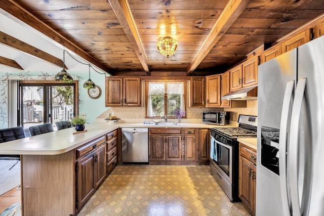kitchen with stainless steel appliances, beam ceiling, a peninsula, wood ceiling, and under cabinet range hood