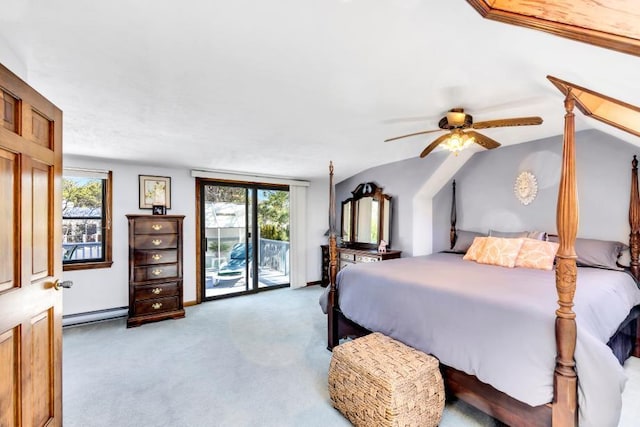bedroom featuring access to exterior, carpet flooring, a baseboard heating unit, and a ceiling fan
