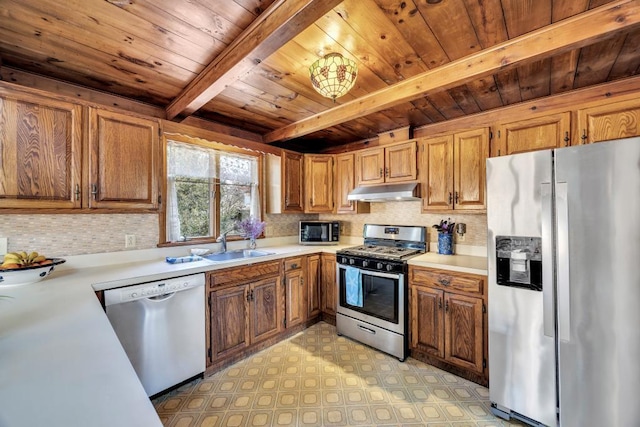 kitchen featuring appliances with stainless steel finishes, wooden ceiling, under cabinet range hood, light countertops, and beam ceiling