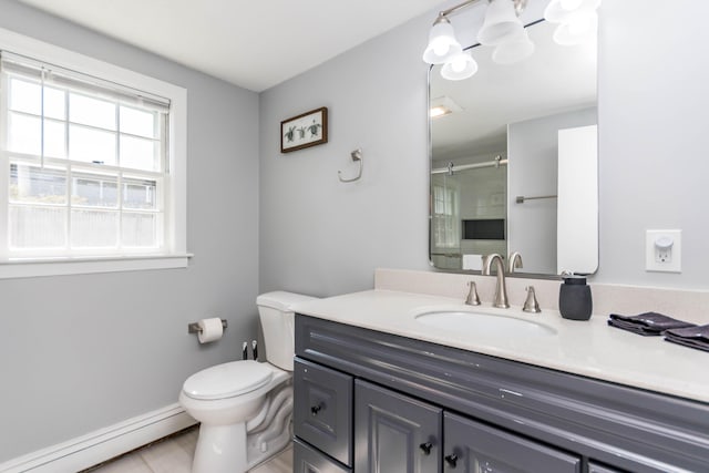 bathroom featuring a baseboard heating unit, a shower with door, toilet, and vanity