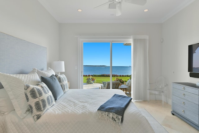 bedroom with ceiling fan, ornamental molding, and access to outside