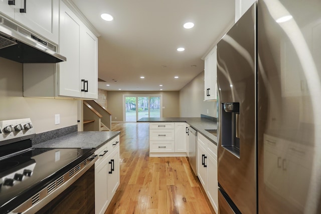 300 Buck Island Rd Unit C13F, West Yarmouth, MA 02673 - kitchen featuring appliances with stainless steel finishes, under cabinet range hood, light wood finished floors, a peninsula, and recessed lighting
