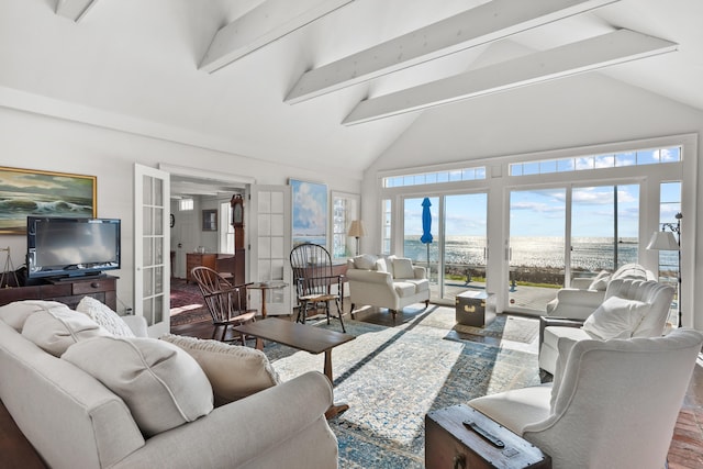 living area with high vaulted ceiling, french doors, beamed ceiling, and wood finished floors