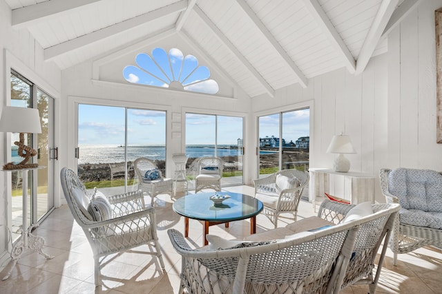 17 Harbor Rd, Harwich Port, MA 02646 - sunroom featuring lofted ceiling with beams and a water view