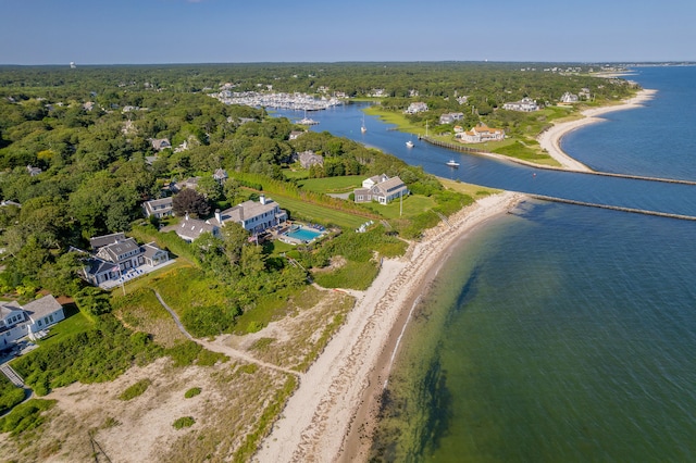 birds eye view of property featuring a beach view, a water view, and a view of trees