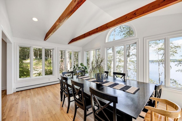 sunroom / solarium featuring lofted ceiling with beams, a baseboard radiator, and a water view