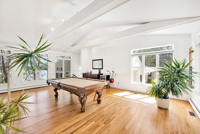 playroom featuring billiards, vaulted ceiling with beams, light hardwood / wood-style floors, and a baseboard heating unit