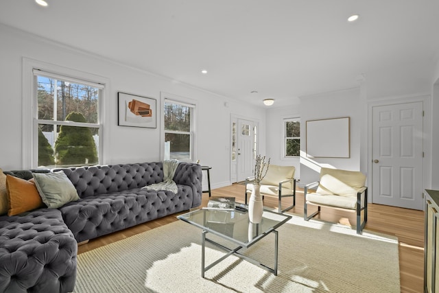 living area with light wood-style floors, baseboards, ornamental molding, and recessed lighting