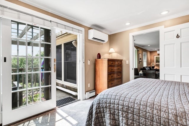 bedroom with baseboard heating, a wall unit AC, carpet, and ornamental molding