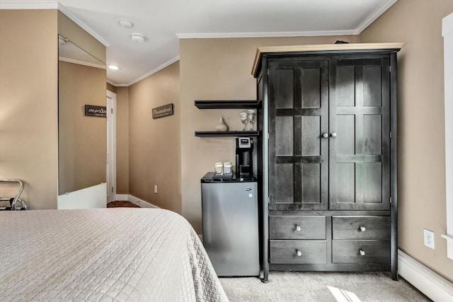 bedroom with crown molding, light carpet, and stainless steel refrigerator