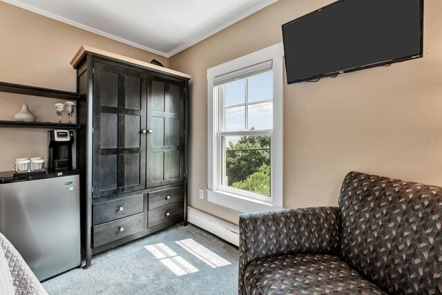 living area featuring crown molding, a baseboard radiator, and light colored carpet