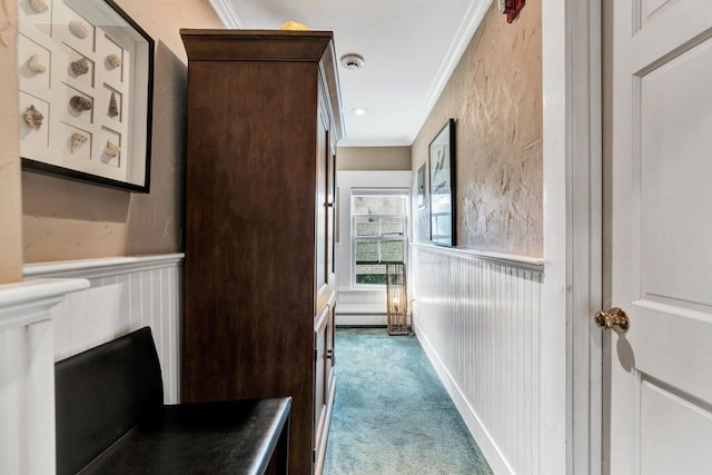 hall featuring carpet floors, a baseboard radiator, and ornamental molding