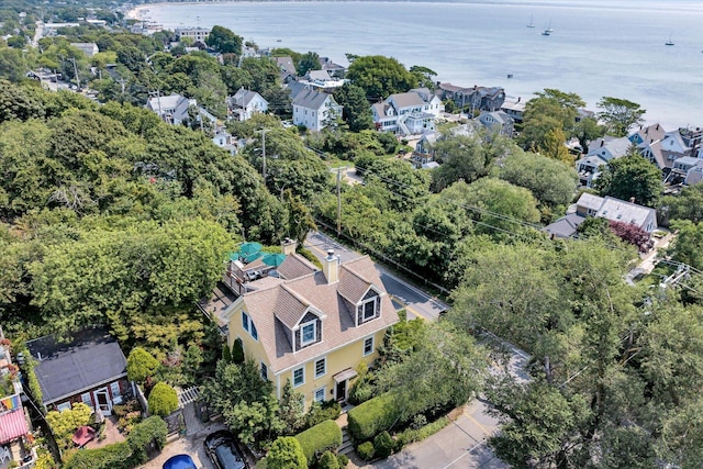 drone / aerial view featuring a water view