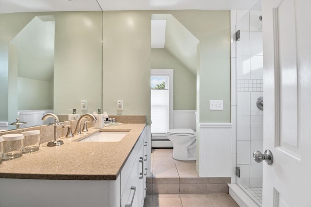 bathroom featuring baseboard heating, an enclosed shower, tile patterned flooring, vanity, and toilet