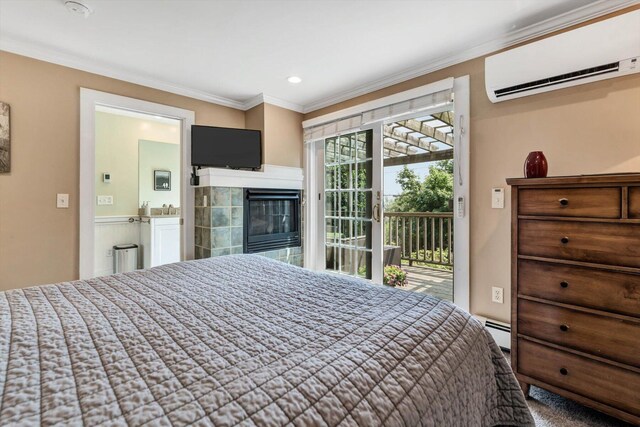 bedroom featuring an AC wall unit, a baseboard radiator, access to outside, a tile fireplace, and crown molding