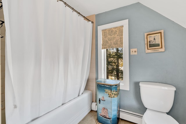 bathroom with a baseboard heating unit, toilet, shower / bathtub combination with curtain, and tile patterned floors