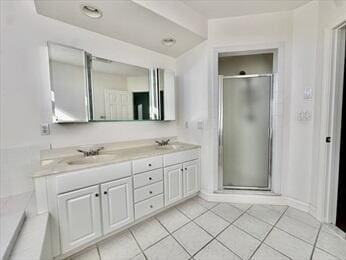 bathroom featuring double vanity, a stall shower, tile patterned flooring, and a sink