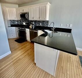 kitchen featuring tasteful backsplash, light wood-style flooring, stainless steel microwave, a peninsula, and a sink