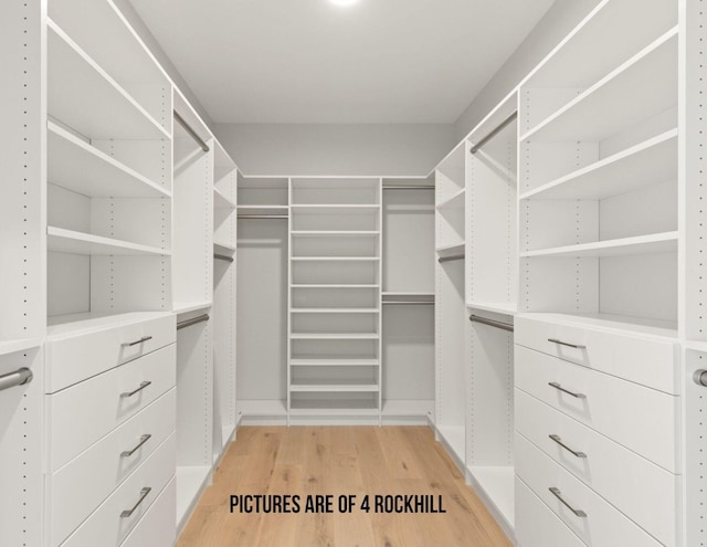 walk in closet with light hardwood / wood-style flooring