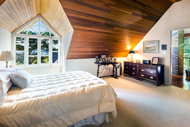 carpeted bedroom featuring wooden ceiling and lofted ceiling