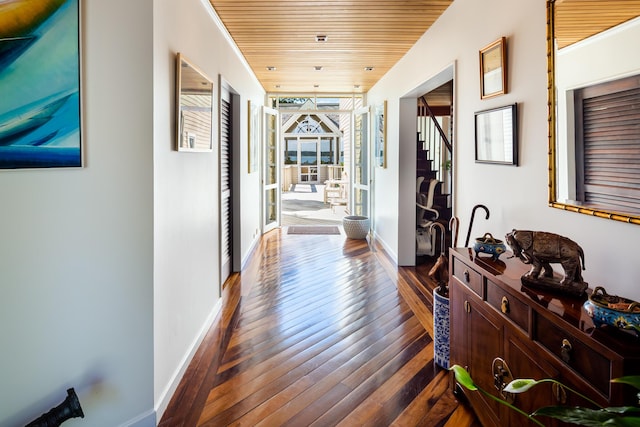 255 Bayberry Way, Osterville, MA 02655 - corridor featuring wood ceiling, crown molding, and dark wood-type flooring