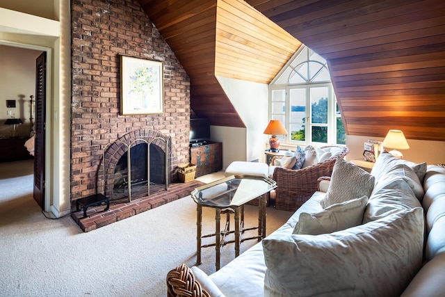 carpeted living room featuring a fireplace, wooden ceiling, and lofted ceiling