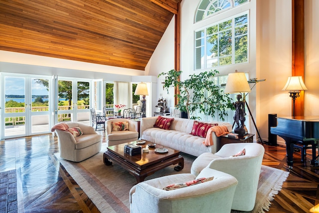 living room with wooden ceiling, high vaulted ceiling, and parquet flooring