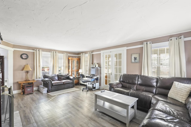 living room with hardwood / wood-style flooring and french doors