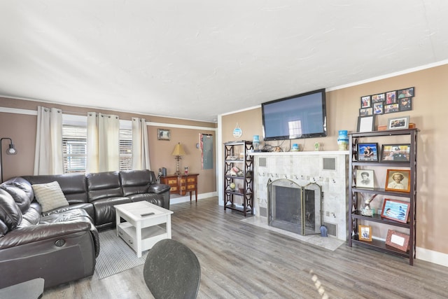 living room with a fireplace, hardwood / wood-style floors, and crown molding