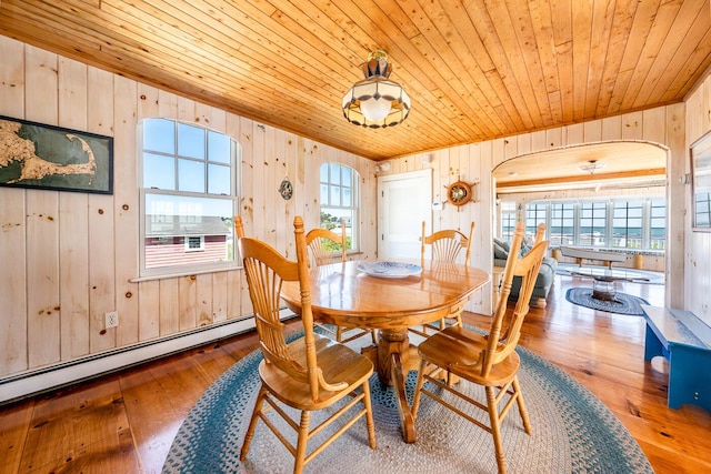 6 Baker Way, West Dennis, MA 02670 - dining area featuring wood ceiling, wooden walls, wood-type flooring, healthy amount of natural light, and arched walkways