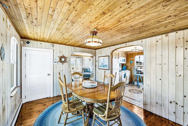 6 Baker Way, West Dennis, MA 02670 - dining space featuring a baseboard heating unit, arched walkways, wooden walls, wooden ceiling, and hardwood / wood-style flooring