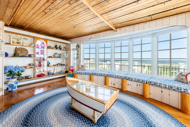 6 Baker Way, West Dennis, MA 02670 - living area featuring wooden ceiling, plenty of natural light, wood finished floors, a baseboard radiator, and wooden walls