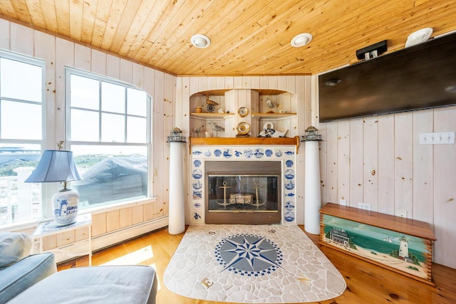 6 Baker Way, West Dennis, MA 02670 - living room featuring wooden ceiling, wooden walls, wood finished floors, and a glass covered fireplace