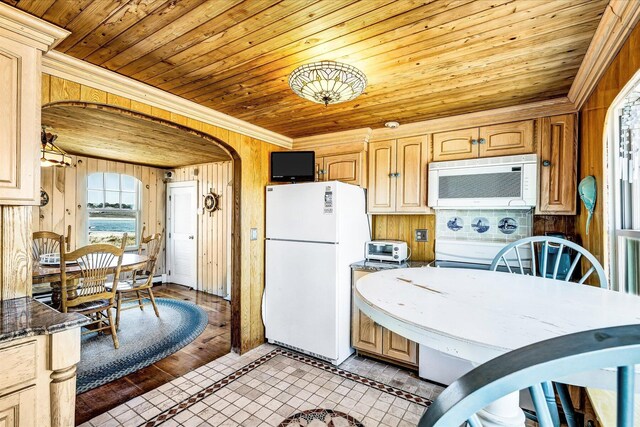 6 Baker Way, West Dennis, MA 02670 - kitchen with white appliances, wooden ceiling, inlaid floor details, arched walkways, and ornamental molding