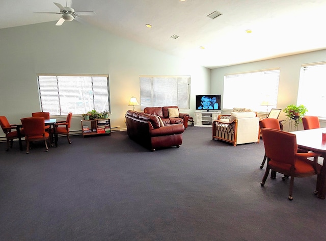 carpeted living room featuring a ceiling fan, high vaulted ceiling, and a baseboard heating unit