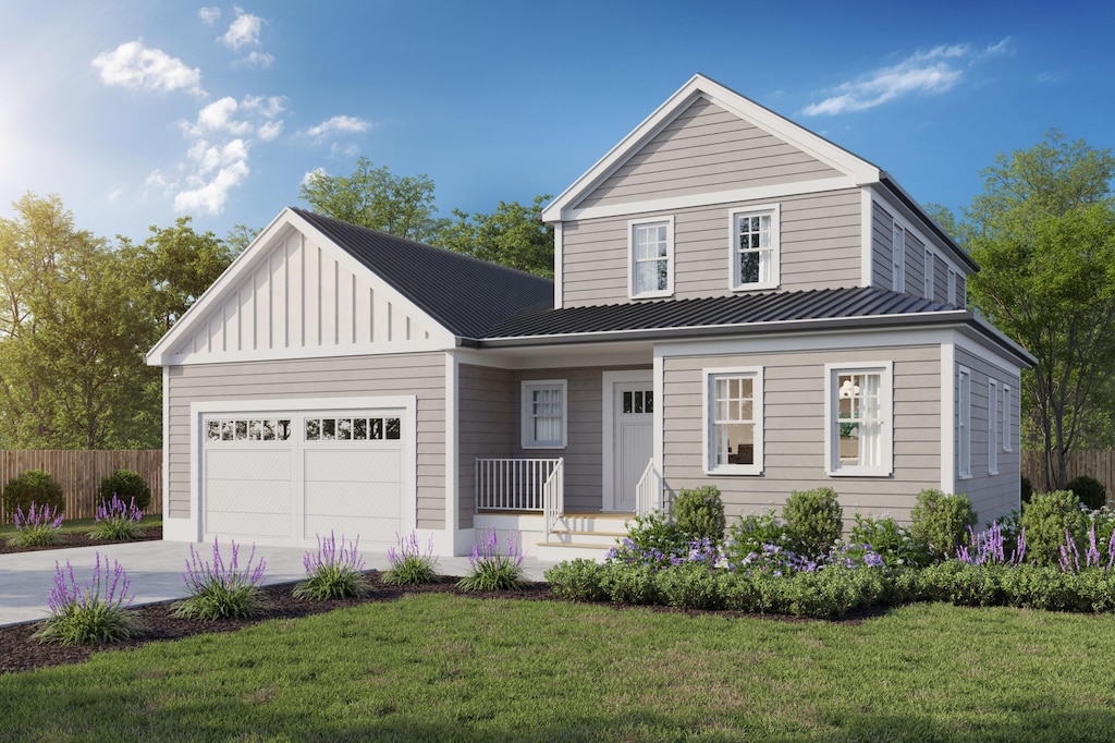 32 Josiah Path, West Falmouth, MA 02540 - view of front of home with driveway, a garage, board and batten siding, a metal roof, and covered porch