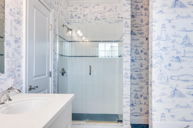 780 Craigville Beach Rd Unit B1, Centerville, MA 02632 - full bathroom featuring a stall shower, wallpapered walls, and vanity