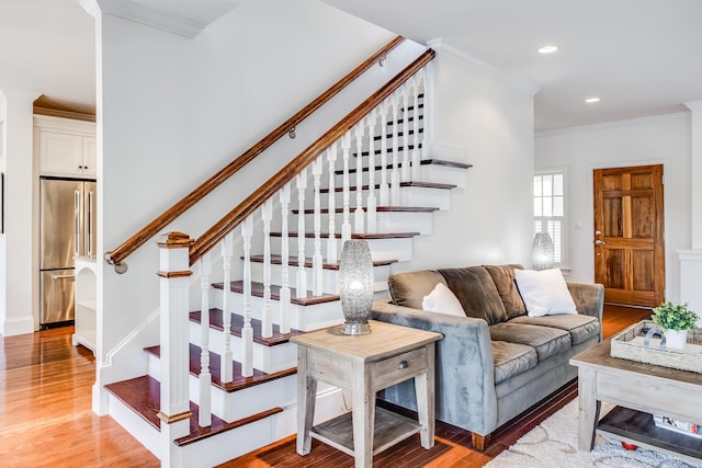 780 Craigville Beach Rd Unit B1, Centerville, MA 02632 - living area featuring stairway, ornamental molding, light wood finished floors, and recessed lighting