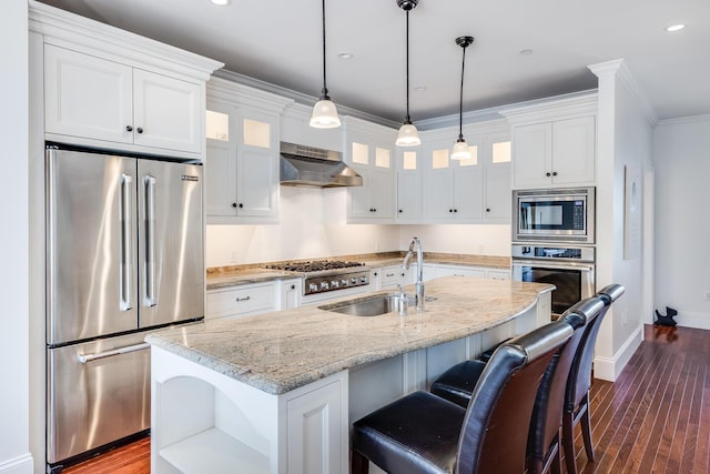 780 Craigville Beach Rd Unit B1, Centerville, MA 02632 - kitchen featuring appliances with stainless steel finishes, exhaust hood, a sink, dark wood finished floors, and recessed lighting