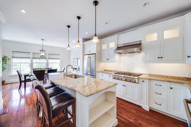 780 Craigville Beach Rd Unit B1, Centerville, MA 02632 - kitchen with a sink, stainless steel appliances, range hood, white cabinets, and dark wood finished floors
