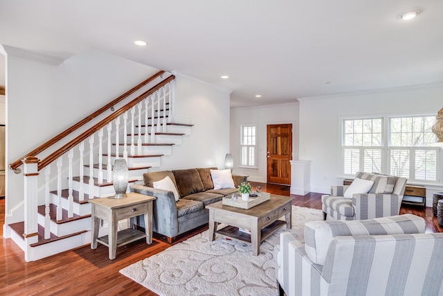 780 Craigville Beach Rd Unit B1, Centerville, MA 02632 - living room featuring stairway, ornamental molding, wood finished floors, recessed lighting, and baseboards