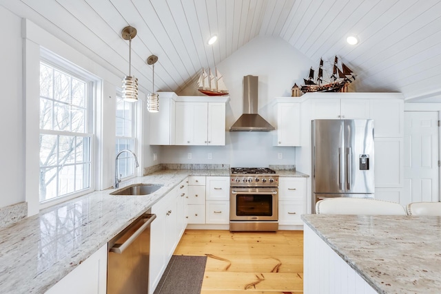 kitchen with pendant lighting, sink, white cabinetry, wall chimney range hood, and stainless steel appliances