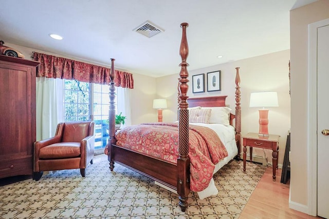 bedroom with light wood-type flooring, baseboards, visible vents, and recessed lighting