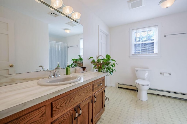 full bathroom featuring visible vents, toilet, tile patterned floors, baseboard heating, and vanity