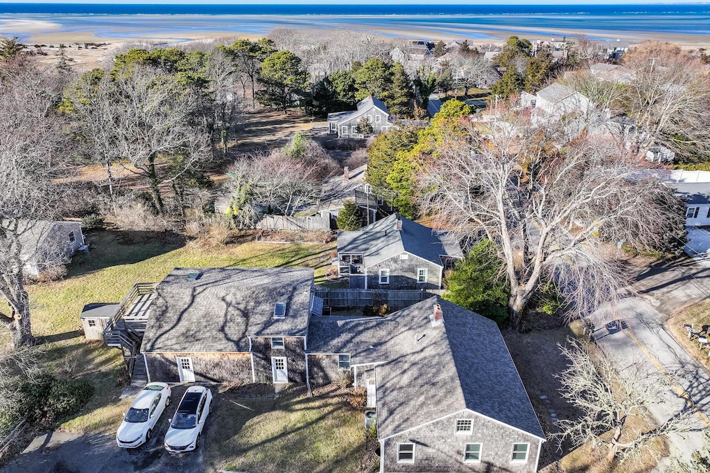 drone / aerial view with a water view