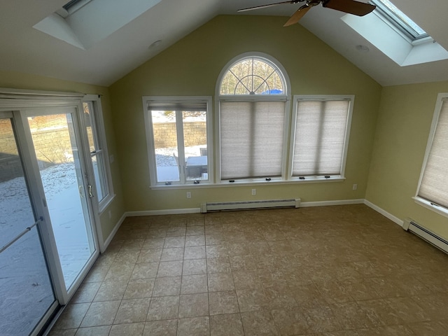 unfurnished sunroom with a baseboard radiator and lofted ceiling with skylight