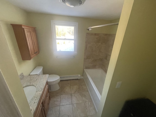 full bathroom with a baseboard radiator, tiled shower / bath, vanity, and toilet